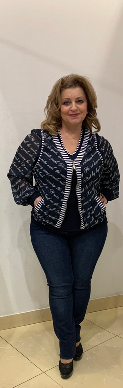 Сине-белый блузон -"обманка" с шифоновыми рукавами