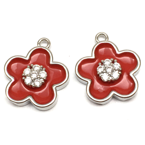 Подвеска с красной эмалью и фианитами "Цветок" 17х15 мм, родий