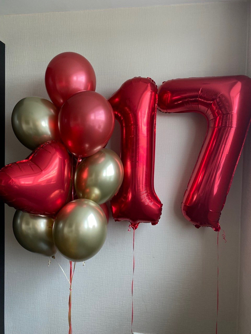 Композиция для девушек. Красные цифры с шарами хром, сердечко ( любая надпись в подарок)