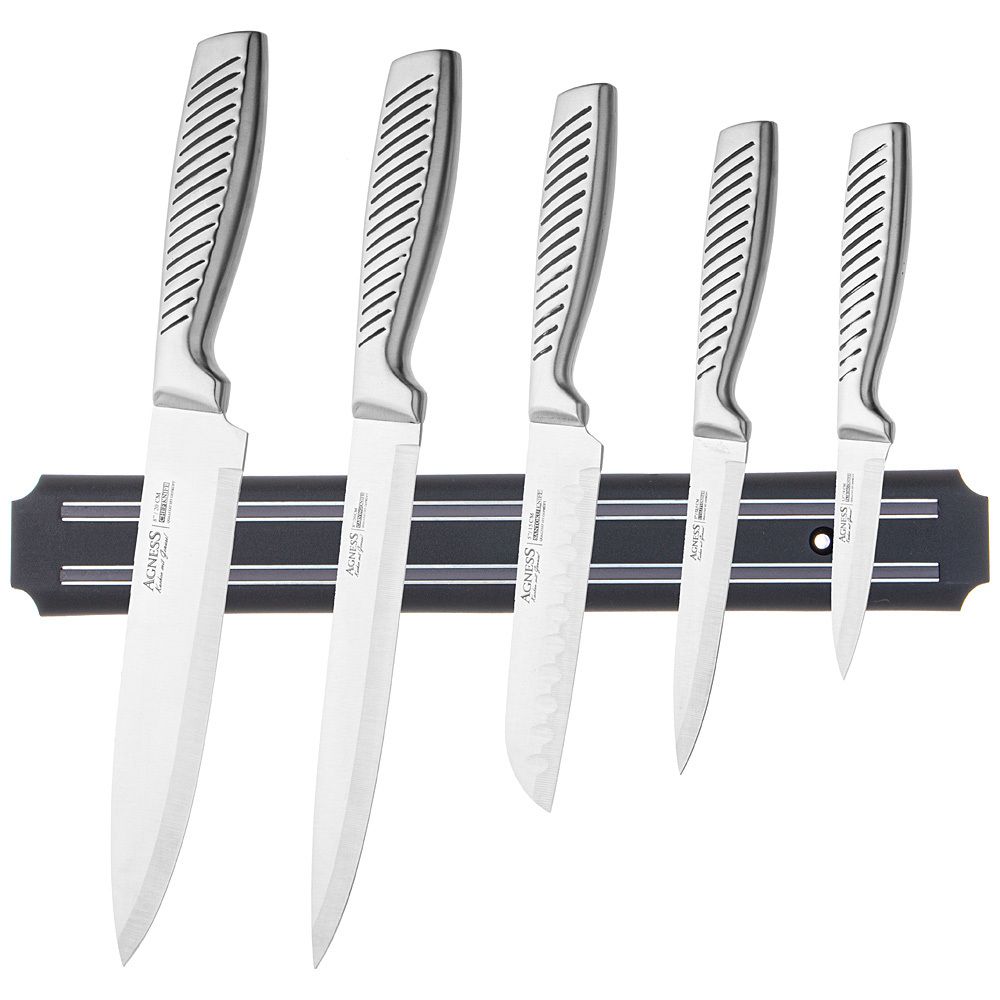 НАБОР НОЖЕЙ AGNESS 6 ПР.С МАГНИТНЫМ ДЕРЖАТЕЛЕМ И РУЧКОЙ ИЗ НЕРЖ.СТАЛИ