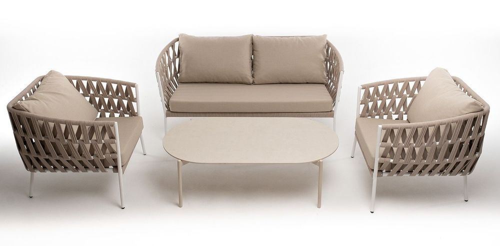 "Диего" лаунж-зона 4-местная плетеная из роупа (веревки), каркас алюминиевый белый, роуп бежевый