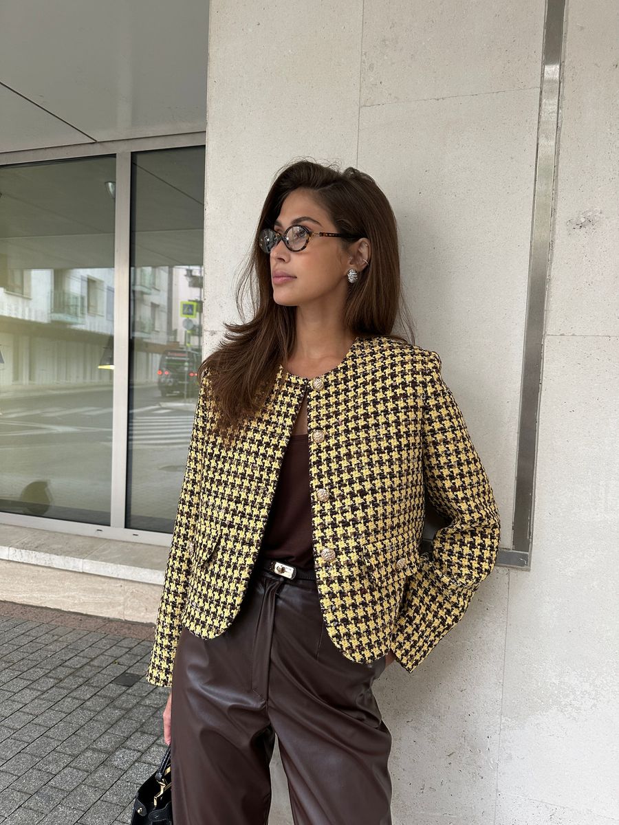 Жакет из твида укороченный желто-коричневый