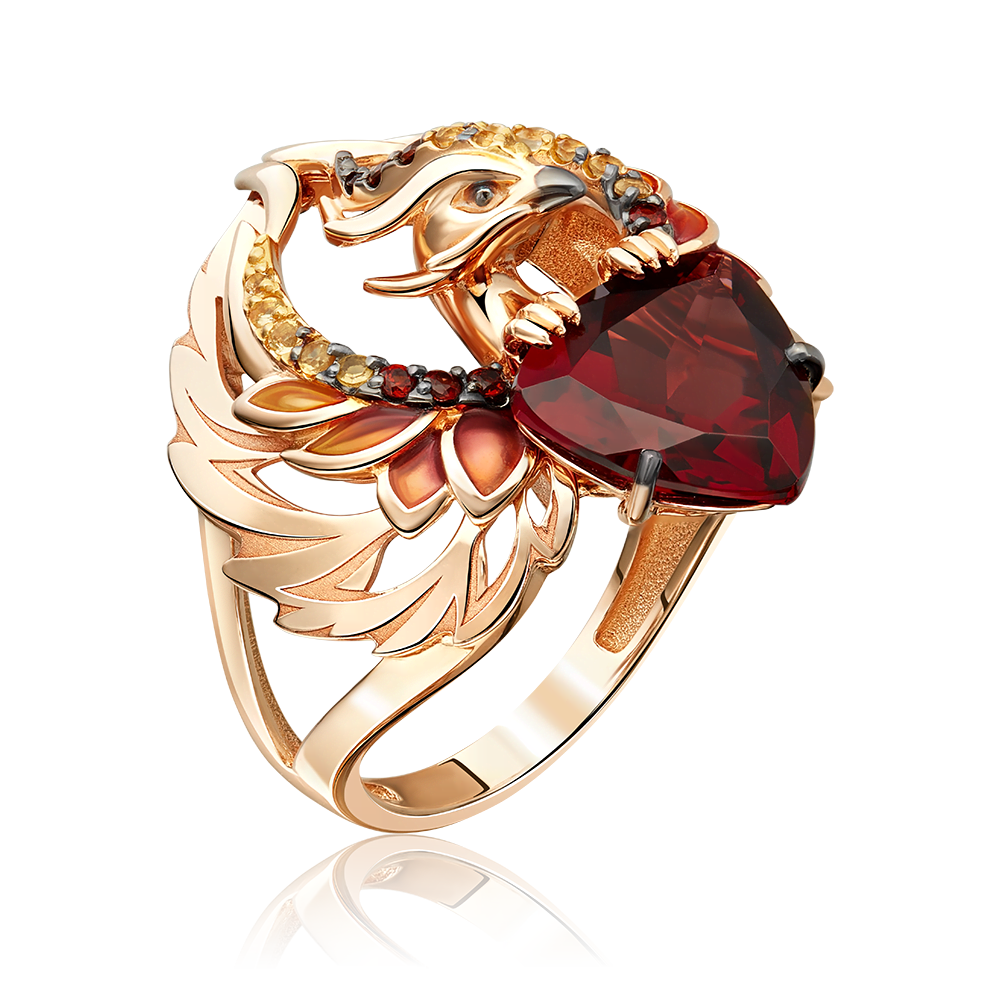 Кольцо «Феникс» из красного золота с гранатами, цитринами и эмалью