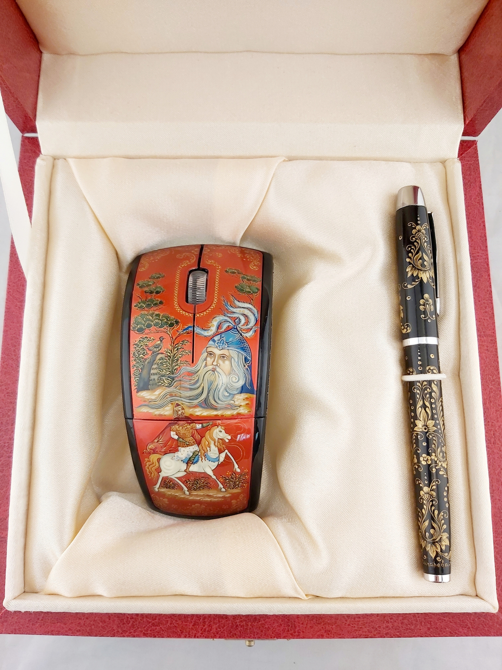 Набор мышь компьютерная "Руслан" и ручка-роллер с росписью Палех