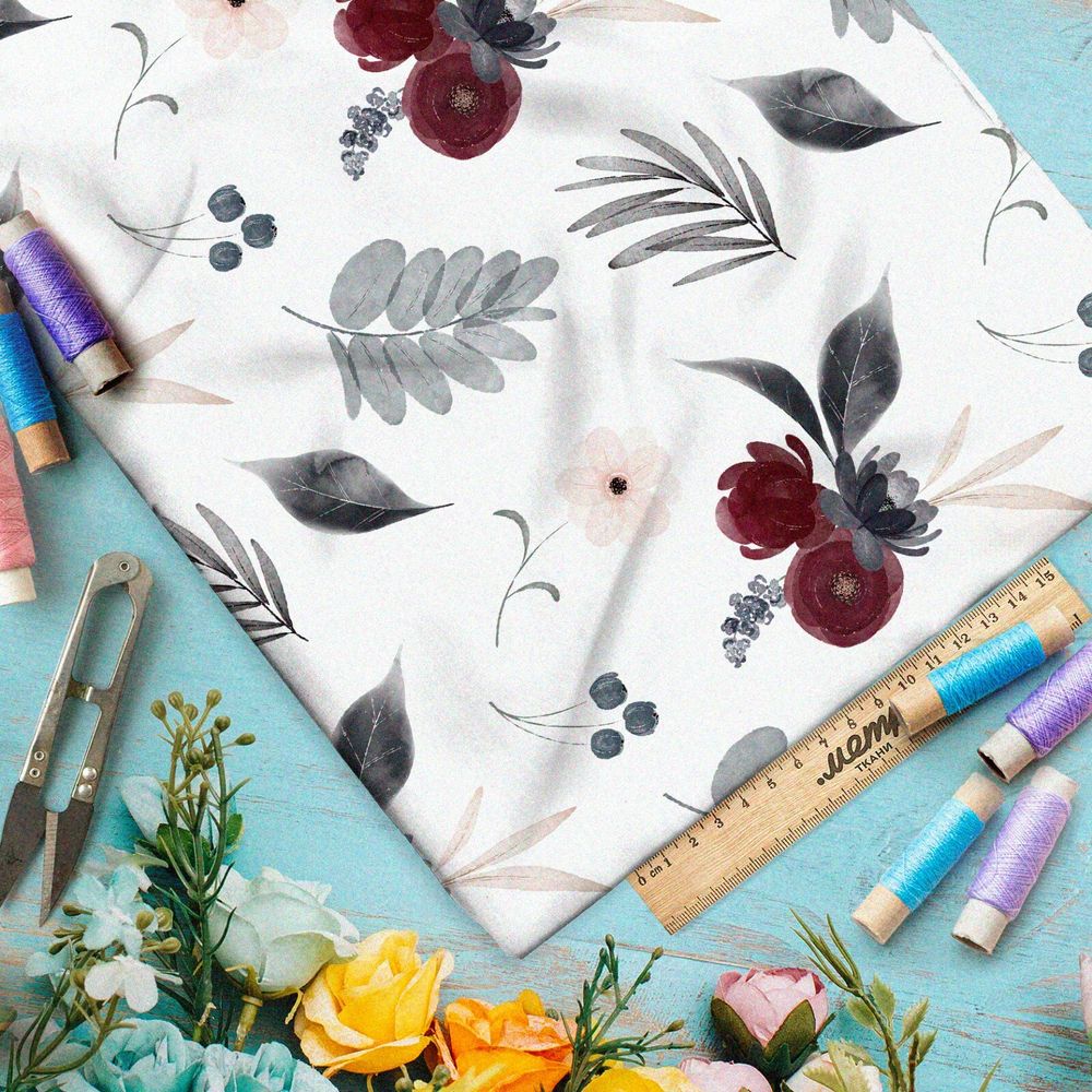 Ткань шелк Армани бордовые розы с чёрными листьями на белом фоне