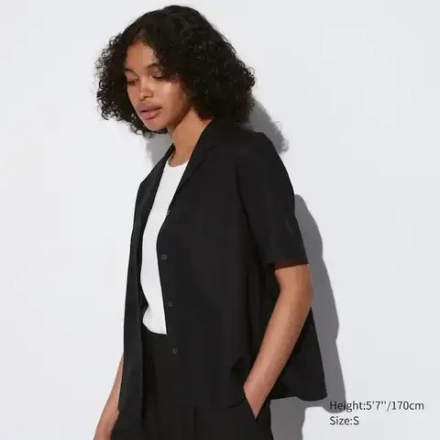 UNIQLO РУБАШКА С ОТКРЫТЫМ ВОРОТОМ ИЗ ЛЬНЯНОЙ СМЕСИ И КОРОТКИМИ РУКАВАМИ, ЧЕРНЫЙ