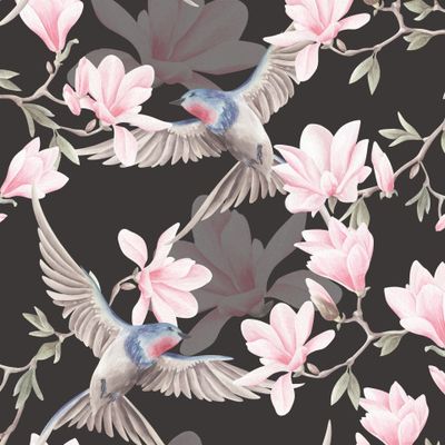 Акварельная магнолия и ласточки на черном.