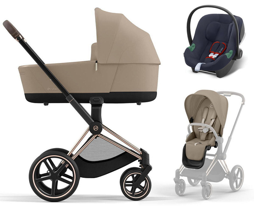Коляска 3 в 1 Cybex Priam IV Rosegold complete и автокресло Aton B2 i-Size Bay Blue Cozy Beige