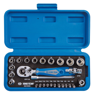 KING TONY (2027MRE) Набор торцевых головок с принадлежностями 1/4", 12-гранные, 4-14 мм, 27 предметов