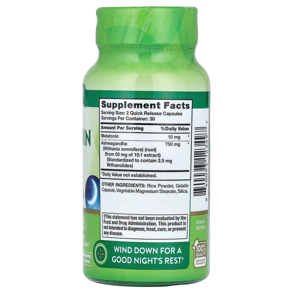 Nature's Truth, мелатонин для сна с ашвагандой, 60 капсул с быстрым высвобождением