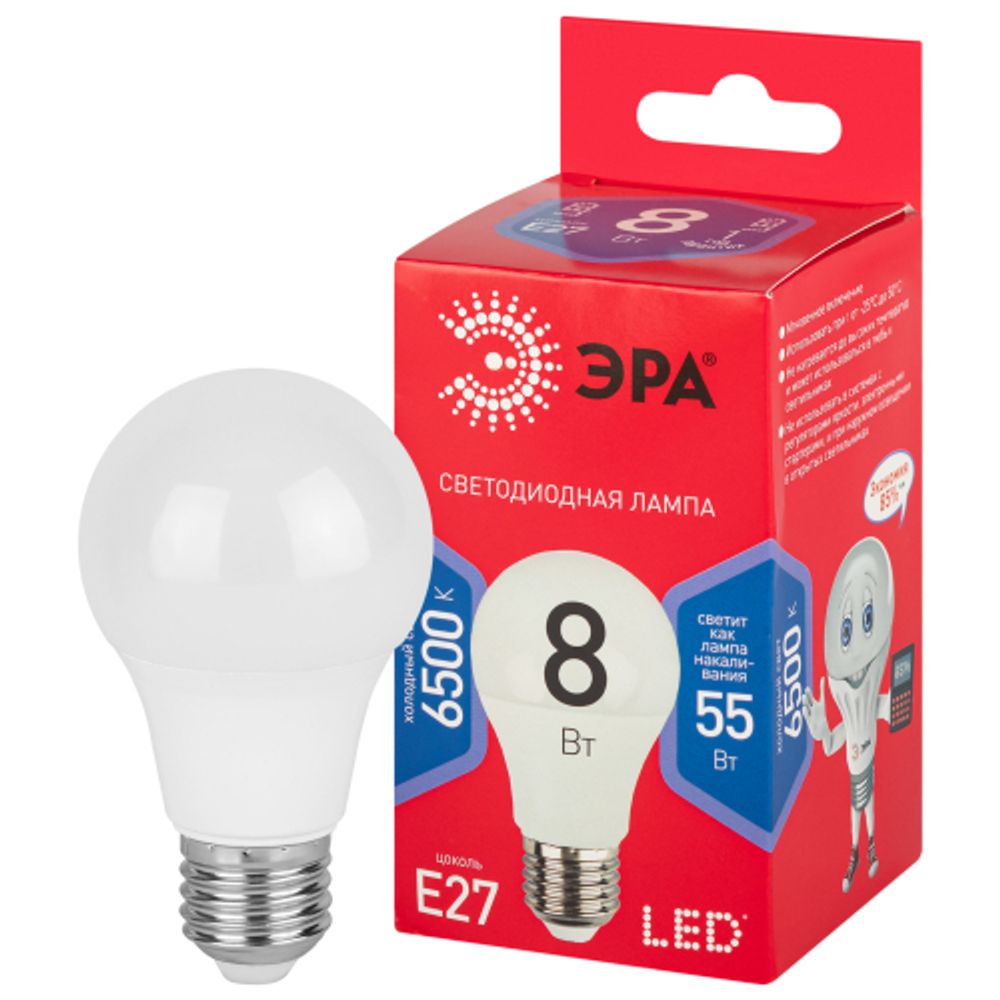 Лампа светодиодная ЭРА RED LINE LED A60-8W-865-E27 R Е27 / E27 8 Вт груша холодный дневной свет | Лампы cветодиодные Груша (A)