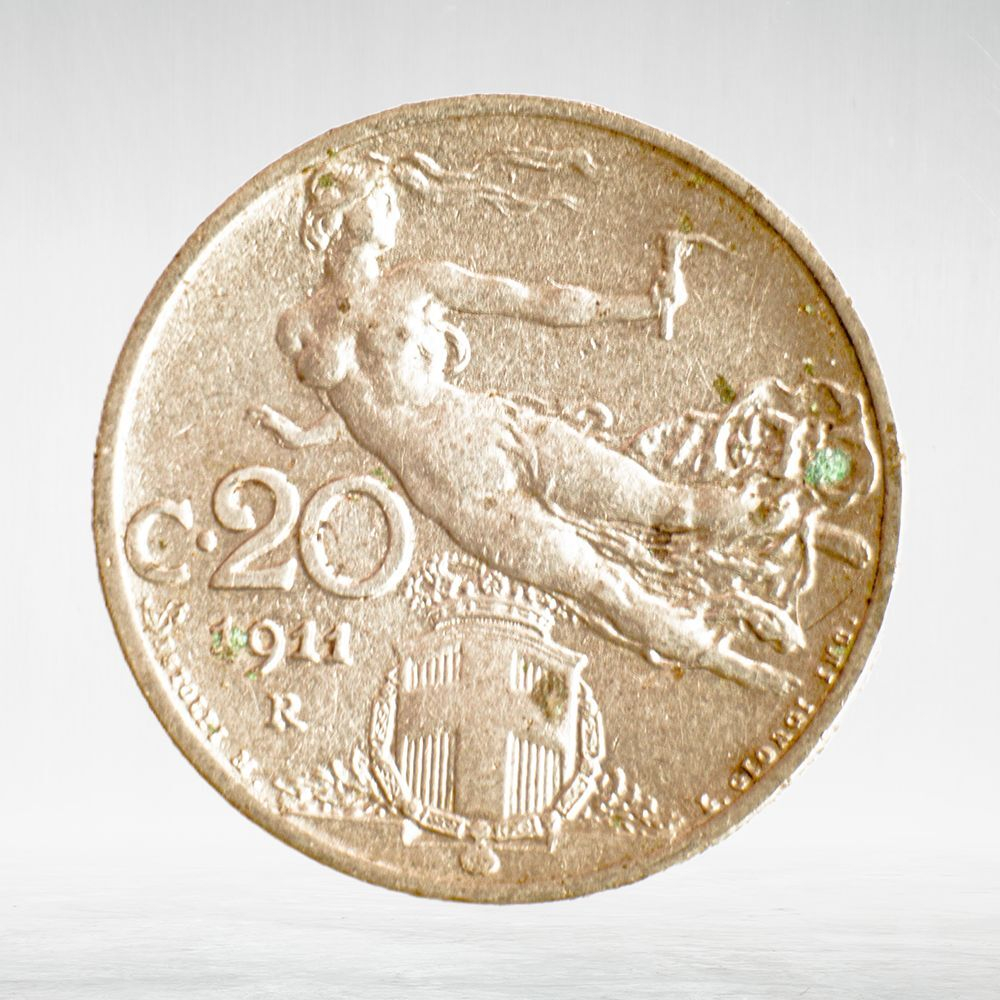 Italy 20 Centesimi 1911 R "Liberty in Flight - Ear of Wheat", VF