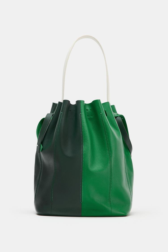 ZARA КОМБИНИРОВАННАЯ КОЖАНАЯ СУМКА, ЗЕЛЕНЫЙ