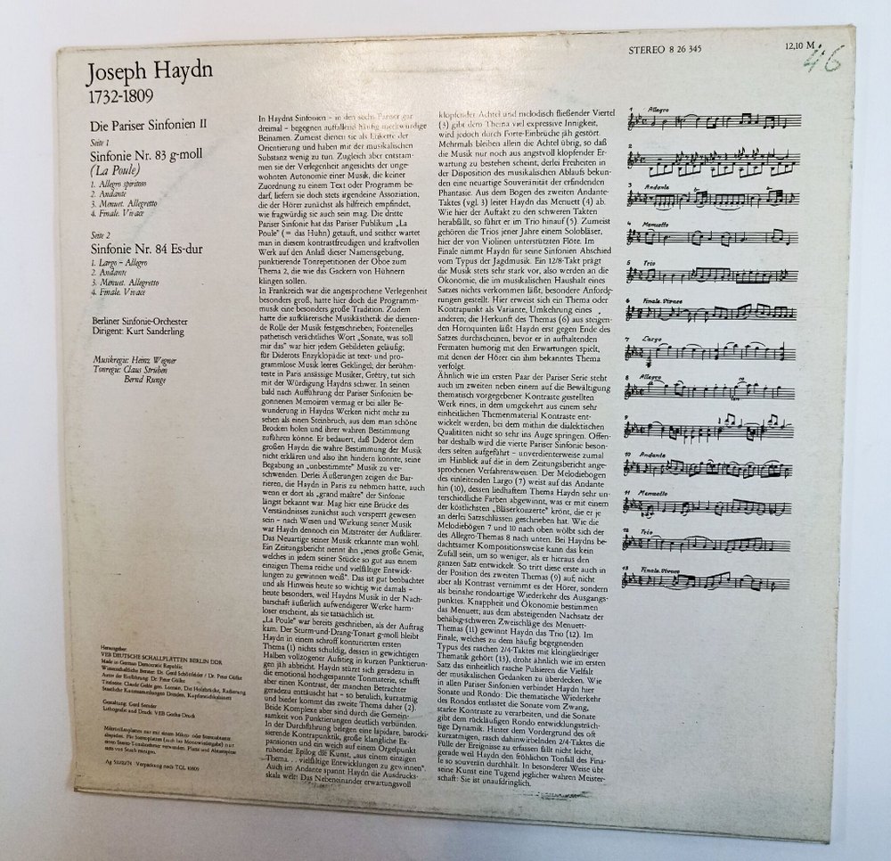 Винтажная виниловая пластинка LP Haydn Гайдн, Berliner Sinfonie Orchester, Kurt Sanderling Die Pariser Sinfonien II (GDR 1974)