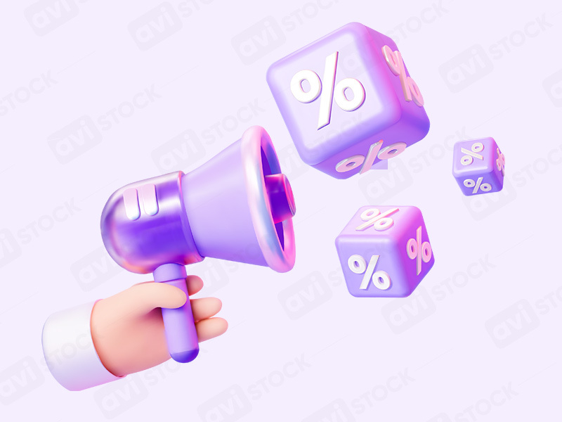 Рука с громкоговорителем и процентными кубами