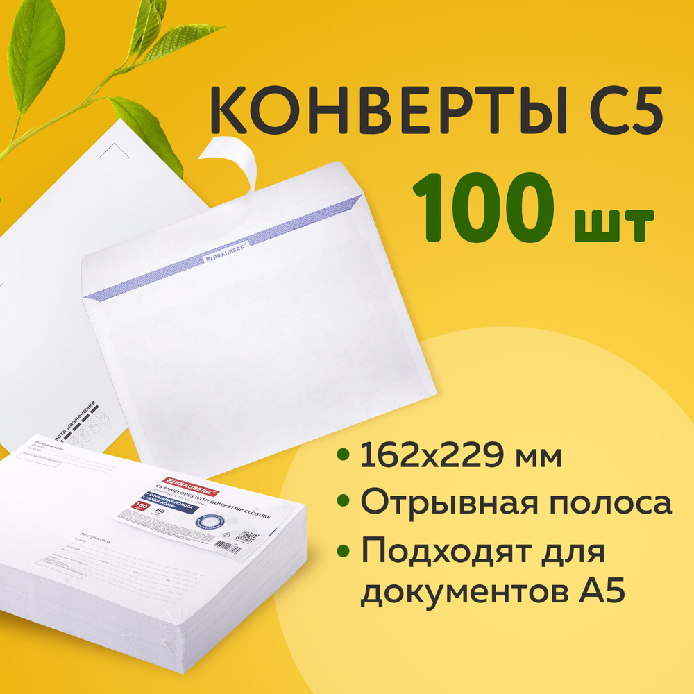 Конверты С5 (162х229 мм) отрывная лента Куда-Кому внутренняя запечатка 80 г/м2 комплект 100 шт. BRAUBERG (3 штуки в упаковке)