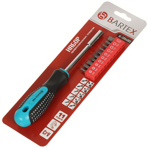 Отвертка с битами, 11 пр, Bartex, трехкомпонентная ручка, блистер, Anti slip, AI-3004004, шт