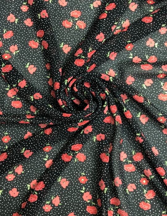 Шифон принт, цветок красный, белый крап на черном фоне Моналиса BST3343D21C1