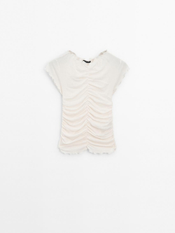 Massimo Dutti Футболка из хлопка со сборкой, натуральный, кремовый