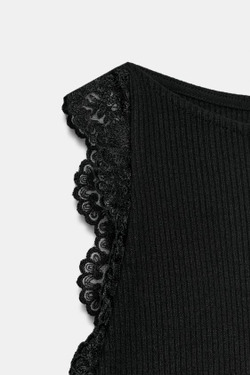 ZARA ТОП В РУБЧИК С КРУЖЕВОМ, ЧЕРНЫЙ