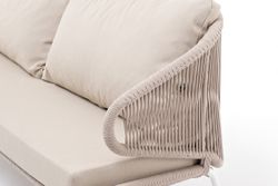 "Милан" диван 3-местный плетеный из роупа, каркас алюминий белый муар, роуп бежевый круглый, ткань бежевая 15052