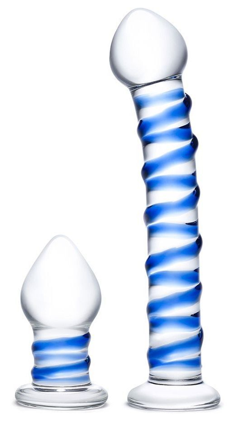 Набор из 2 стеклянных игрушек с синей спиралью Swirly Dildo   Buttplug Set