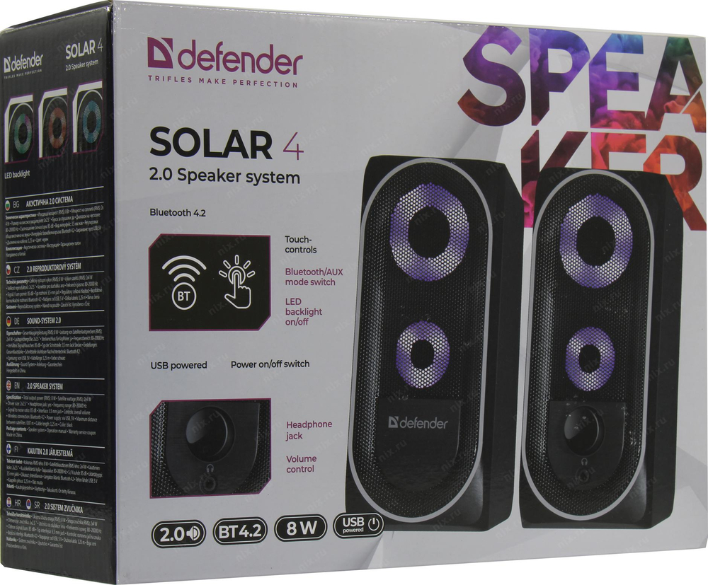 Компьютерные колонки 2.0 Колонки Defender Solar 4 (2x4W, BT, питание от USB) <65404>