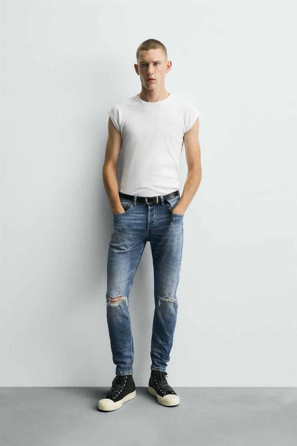 ZARA ДЖИНСЫ SKINNY FIT С ДЫРАМИ, ВЫЦВЕТШИЙ СИНИЙ