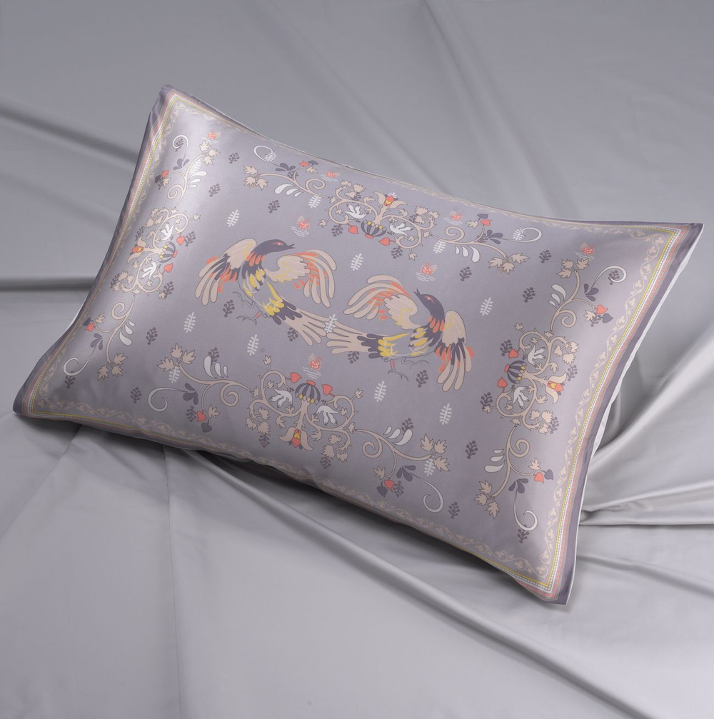 Наволочка 50x70 Mollen Мезенская роспись светло-серая шелковая