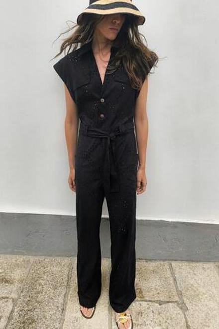 ZARA КОМБИНЕЗОН С АЖУРНОЙ ВЫШИВКОЙ, ЧЕРНЫЙ