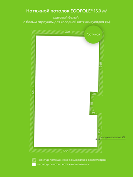 Матовый натяжной потолок 15.9 м2