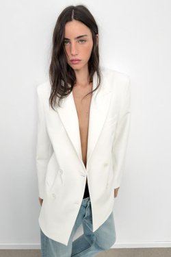 ZARA ДВУБОРТНЫЙ БЛЕЙЗЕР ОВЕРСАЙЗ, ЖЕЛТОВАТО-БЕЛЫЙ