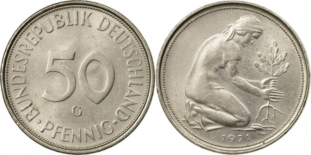 Германия - ФРГ 50 пфеннигов, 1950-2001 Посадка деревьев XF