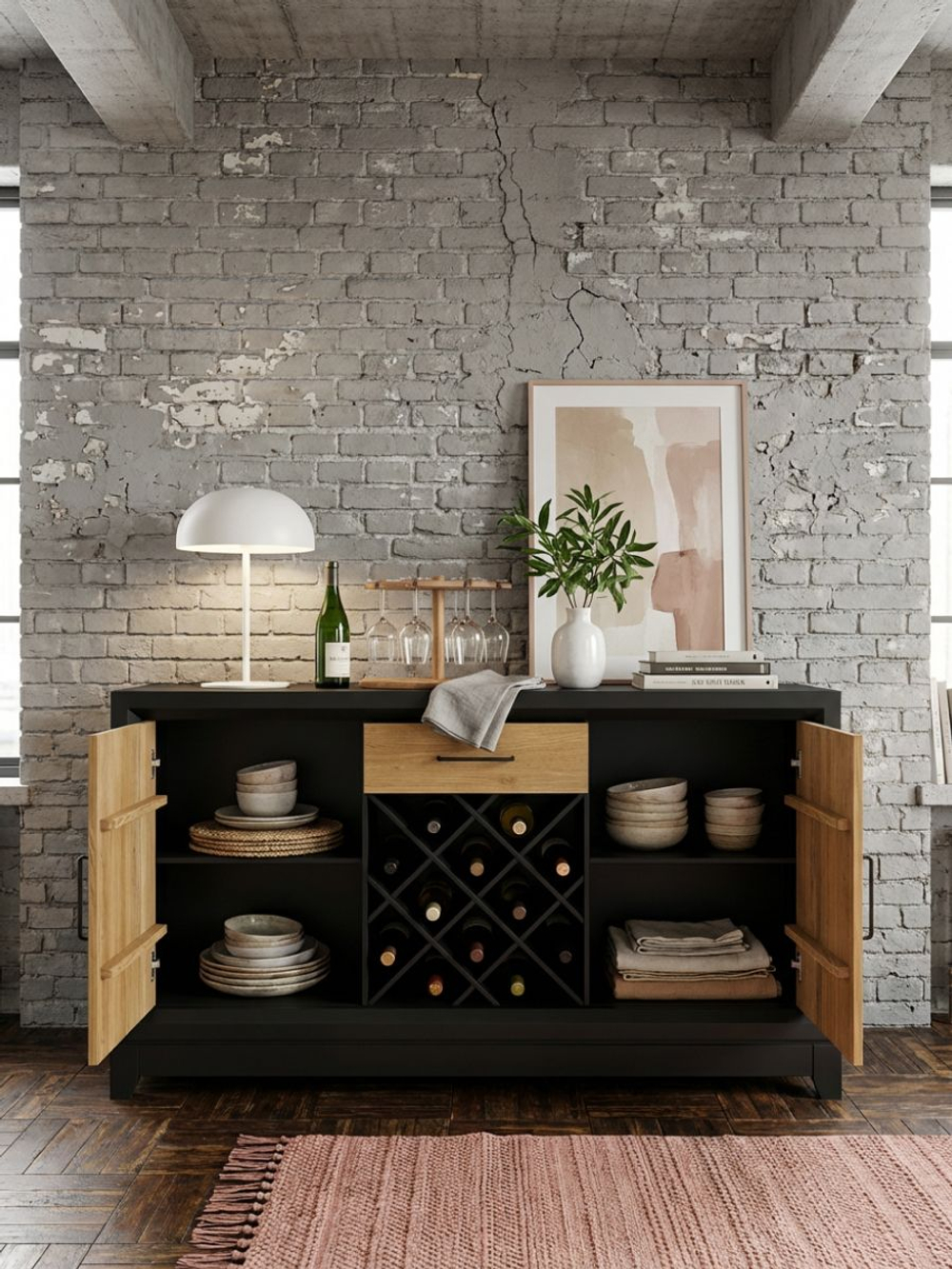 Комод Йорк, 160х45х90, из массива березы и дуба, с органайзером для бутылок, черный, MAKOSA