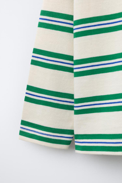 ZARA ФУТБОЛКА С ВЫШИВКОЙ В ПОЛОСКУ, БЕЛЫЙ/ЗЕЛЕНЫЙ