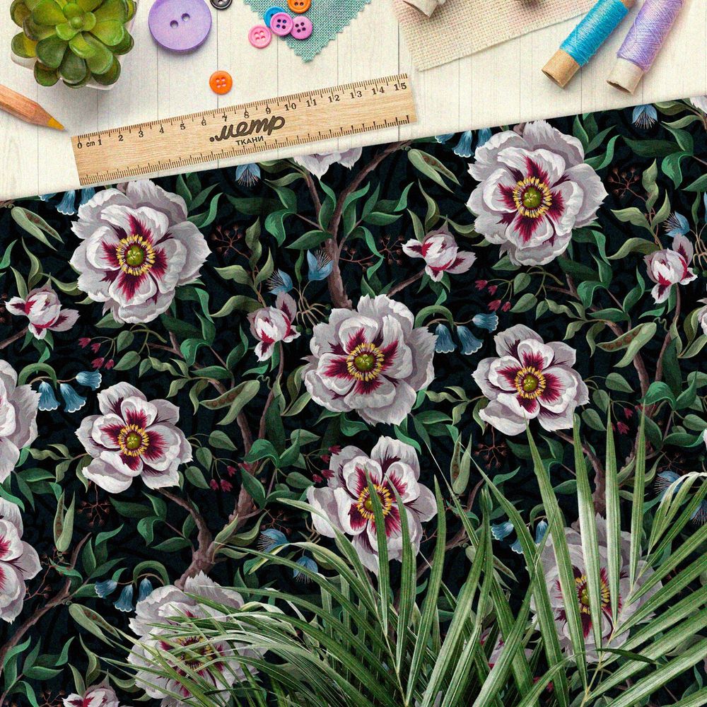 Ткань шифон красочные цветы на зелёных лозах