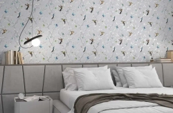 Обои бумажные компаньоны с цветами сочетаются с голубым фоном, ширина 0.53 м, Обои с птичками