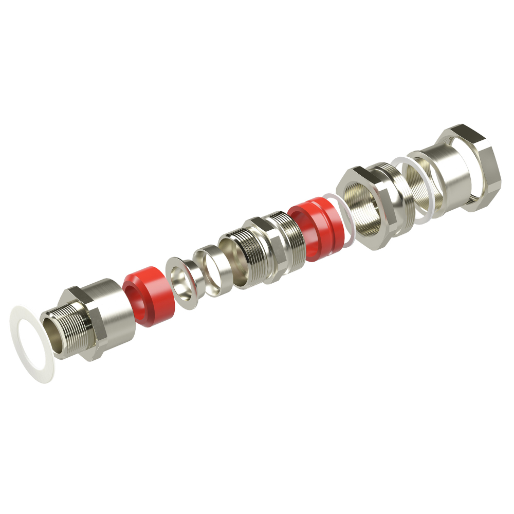 Взрывозащищенный кабельный ввод серии КАС для бронированного кабеля М20х1,5 d:5,8-12мм D:9-17мм. Присоединительная резьба М25х1,5. Никелированная латунь IP66/IP68