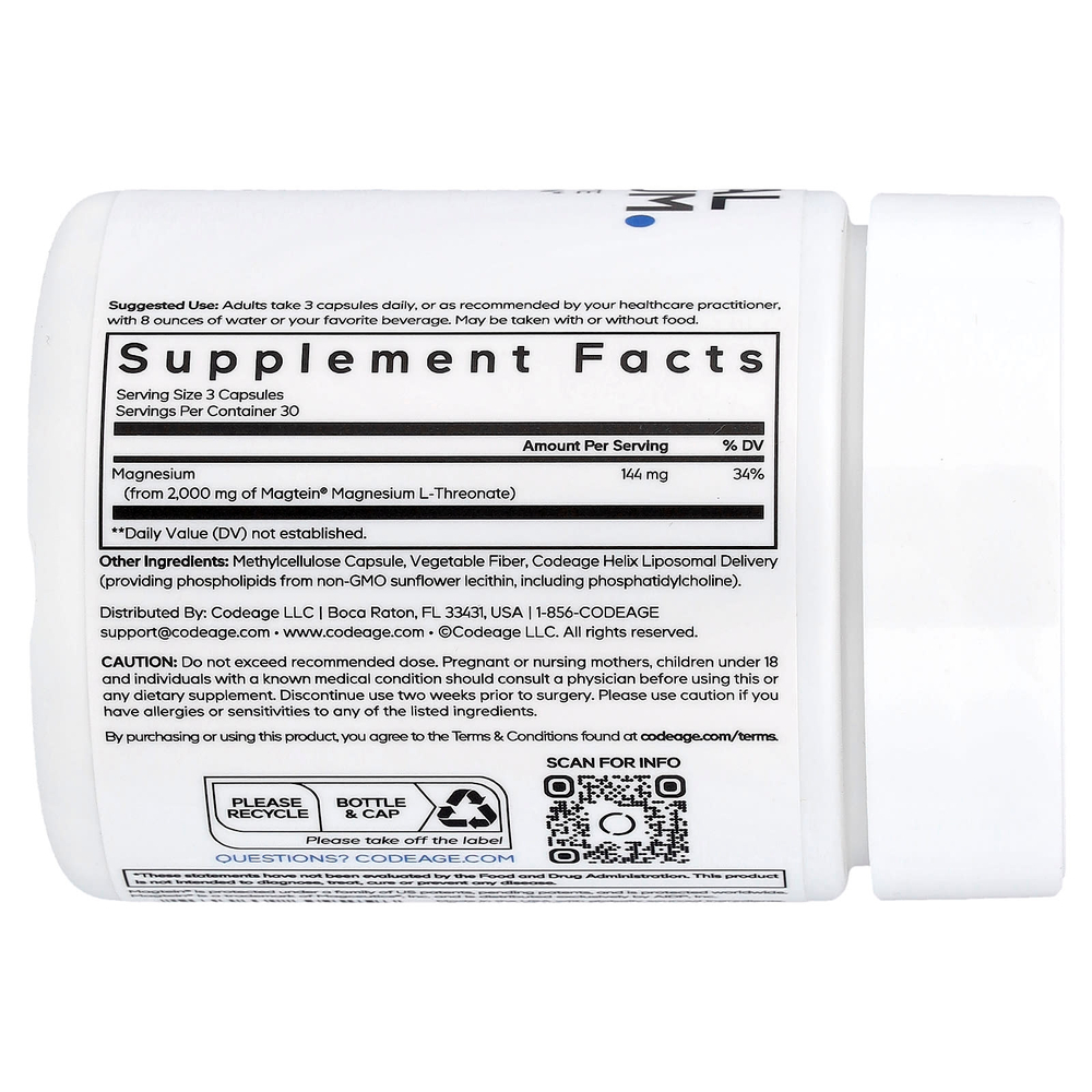 Codeage, липосомальный L-треонат магния, 90 растительных капсул