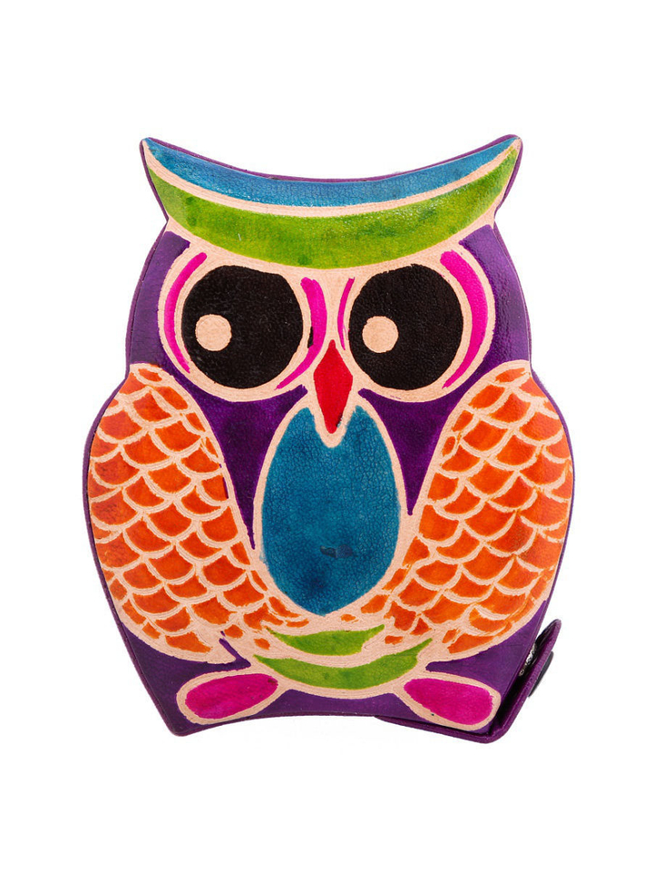 Копилка под мелочь фиолетовая, Сова, оранжевые крылья, натуральная кожа, ручной принт 12x10x3 см.