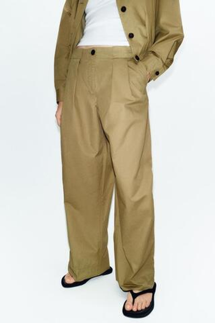 ZARA БРЮКИ BARREL С ЗАЩИПАМИ, ХАКИ