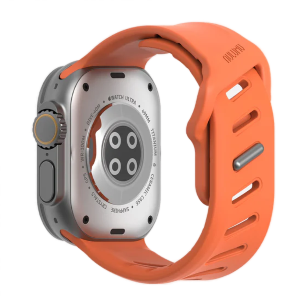 Спортивный ремешок Aulumu A02 Offbeat Sport Band для Apple Watch 44, 45, 46 мм и Ultra 2–3 Водостойкий ремешок в футуристическом стиле из фторэластомера с алюминиевой застёжкой pin-and-tuck. На запястье обхватом 175–210 мм