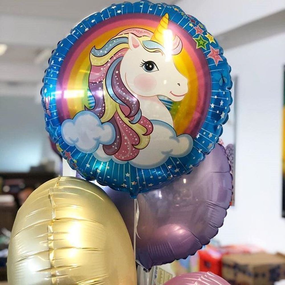 Шар (18"/46 см) Круг, Нежный единорог в облаках, Голубой