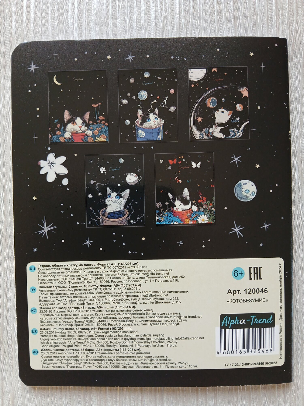 Тетрадь 48 листа А5+.  "Котобезумие", общая, клетка. Формат А5+ (163*203 мм). Арт.120046. С полями. Комплект 5 шт.