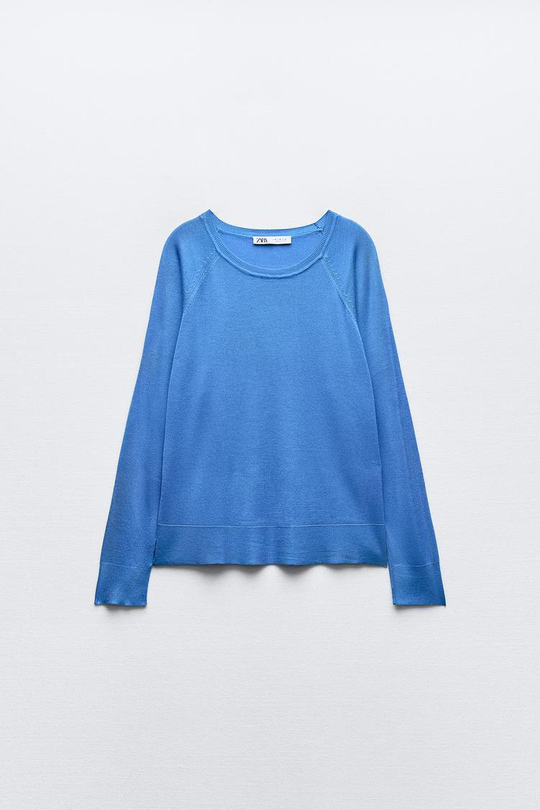 ZARA БАЗОВЫЙ ДЖЕМПЕР ИЗ ТОНКОГО ТРИКОТАЖА, СИНИЙ