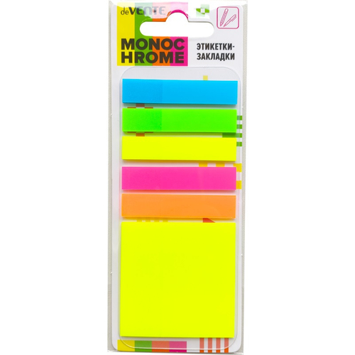 Закладки самоклеющиеся пластиковые 50*50/50*10 мм 6*20 шт. неон ДЕВЕНТЕ Монохром (2011426)