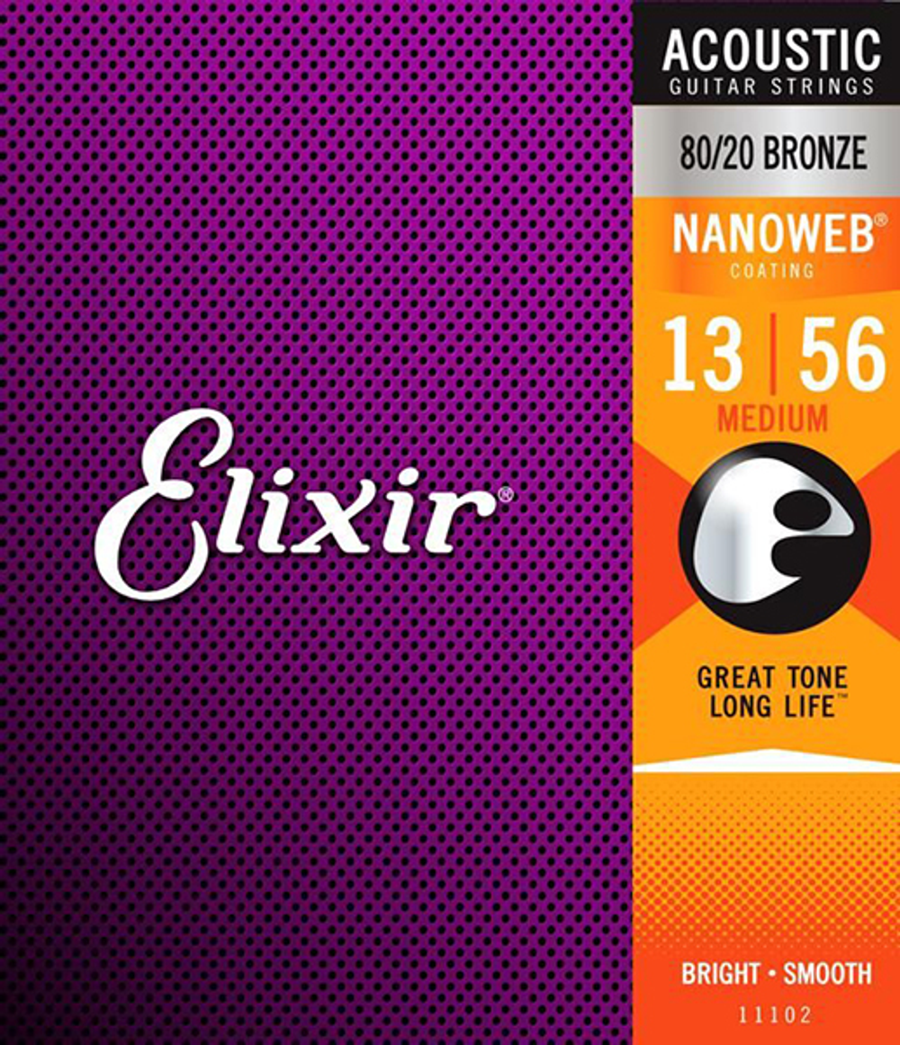 Elixir 11102 NANOWEB Комплект струн для акустической гитары, Medium, бронза 80/20, 13-56.