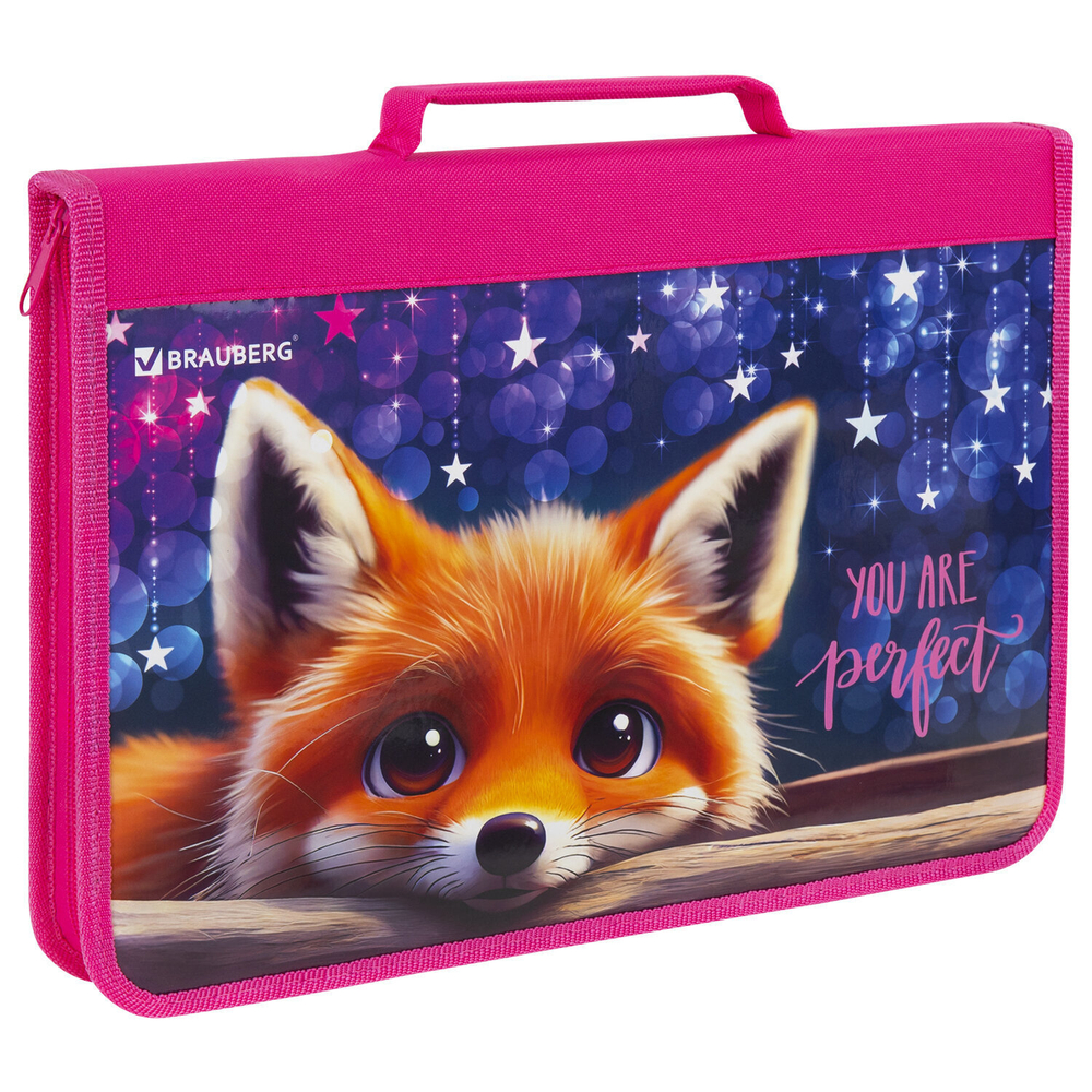 Папка на молнии BRAUBERG А4 с ручкой с органайзером 1 отделение "Cute fox" (2 штуки в упаковке)