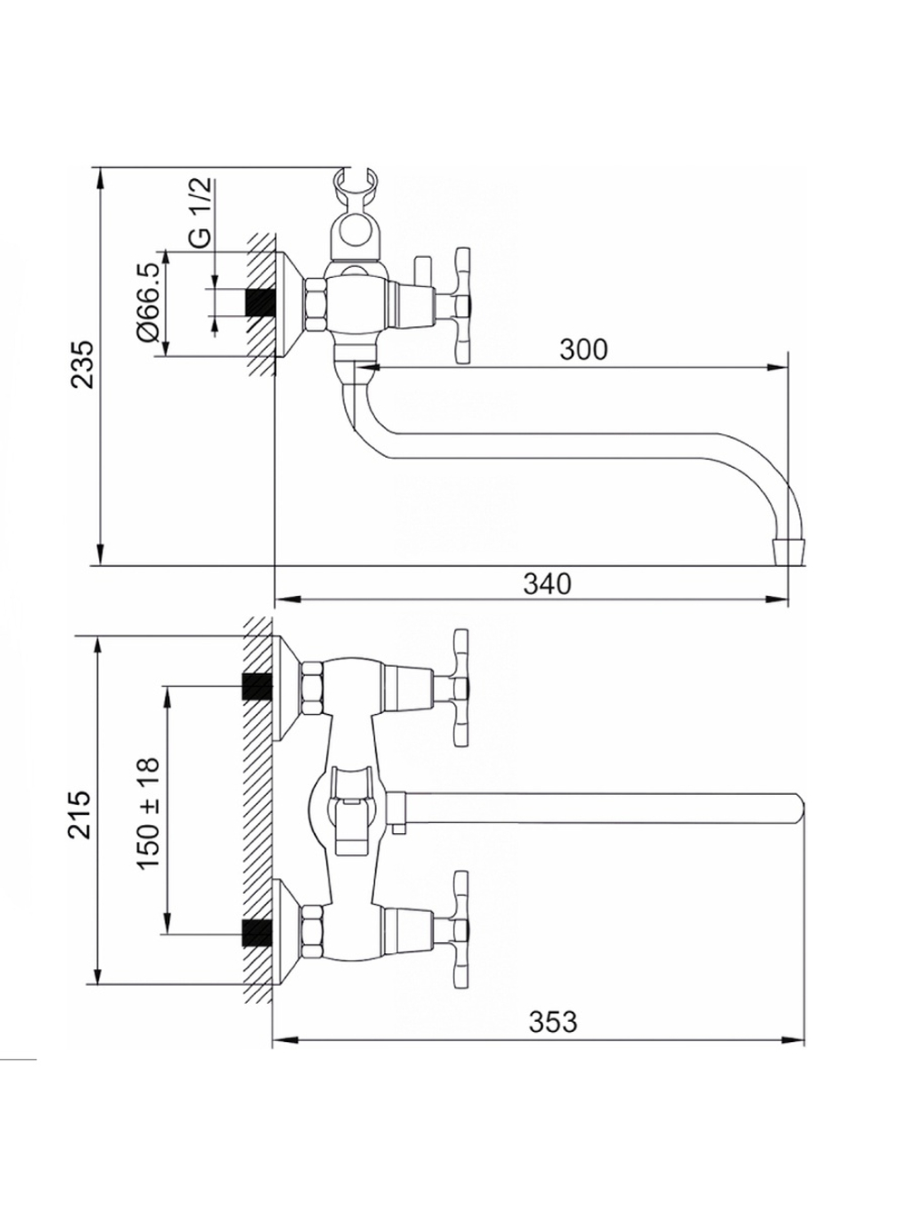 Смеситель ванна MELODIA Cross длинный излив керамика переключ.душа картридж 25мм с акс. MDV32541