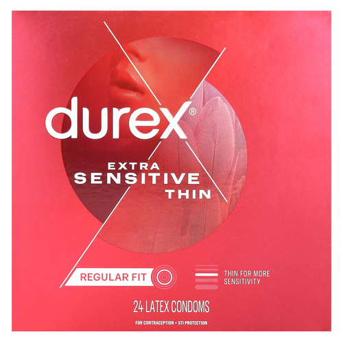 Durex, Thin, для чувствительных глаз, Regular Fit, 24 латексных презерватива